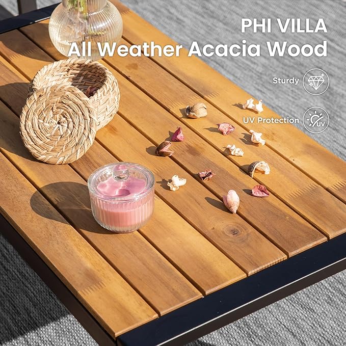 PHI VILLA Patio Wicker Furniture Set for 4, Yellow Rattan Loveseat & Chairs with Cyan Cushions & Acacia Wood Coffee Table, Outdoor Modern Conversation Sofa Set for Deck, Yard, Porch