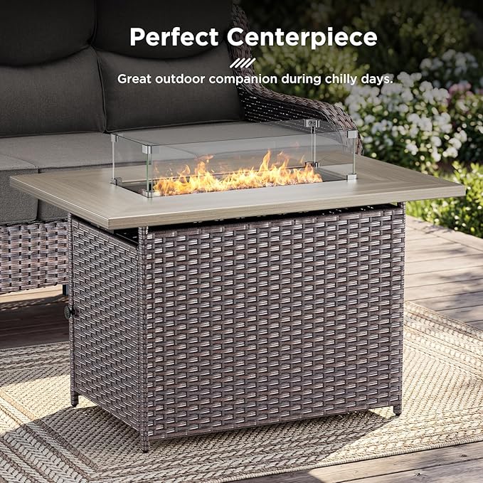 Luxury High Back Outdoor Furniture with 6-inch Extra Thick Cushions, Patio Furniture Set with Fire Pit Table & Swivel Chairs, 7 PCS Wicker Conversation Set for Patio, Yard, Deck, Poolside, Brown/Grey