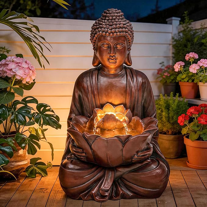Zen Buddha Water Fountain Outdoor, 19" H Handcrafted Buddha Statue Water Feature with Soothing Waterfalls & Lights, Peaceful Oasis for Garden Patio Yard Deck Living Room Floor Tabletop Decor