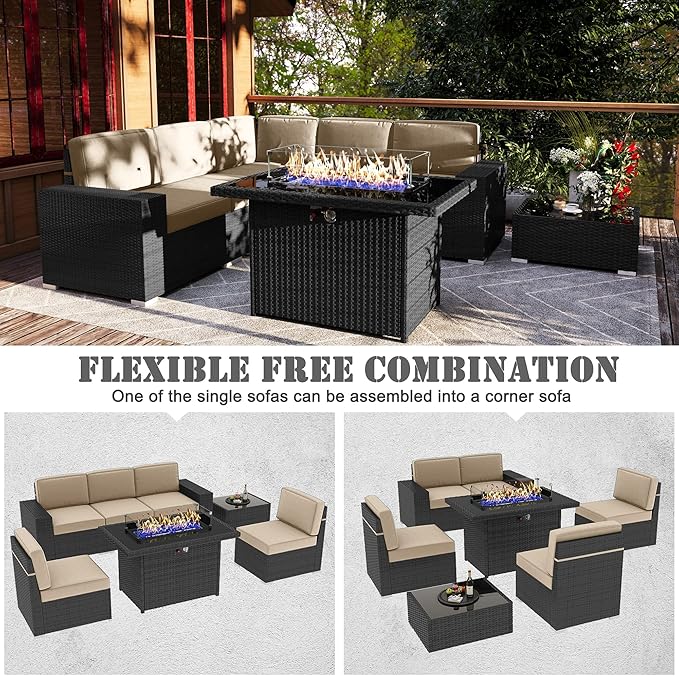 7 Pieces Patio Furniture Set with 44" Propane Gas Fire Pit Table, Outdoor Sectional Wicker Conversation Sofa Sets with Coffee Table