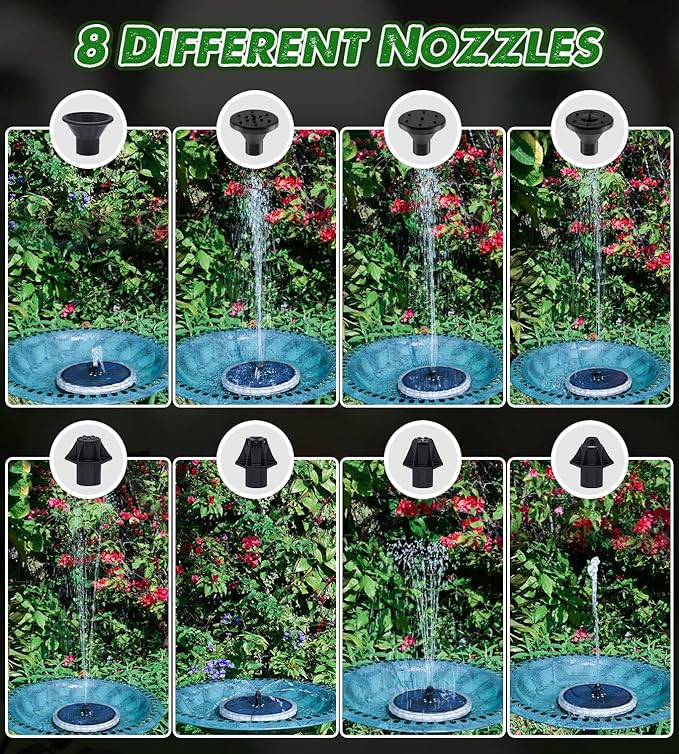 Yzert Solar Fountain Matte Panel with 4000 mAH Battery, 4W Bird Bath Fountains Solar Power with 8 Nozzles, Floating Solar Fountain Pump for Bird Bath, Garden, Pond, Outdoor (Color Change)