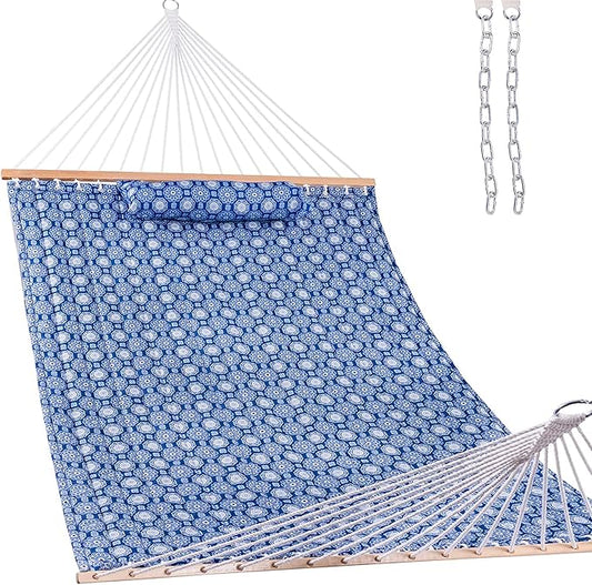 Lazy Daze Hammocks 12FT Quilted Fabric Hammock with Soft Pillow, Double 2 Person Tree Hammock with Spreader Bar for Outdoor Patio Backyard Poolside, 450lbs Weight Capacity, Blue Floral by LazyDazeHammocks
