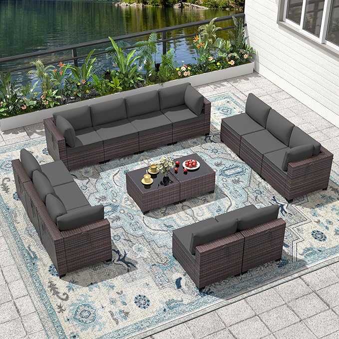 14 Pieces Outdoor Patio Furniture Set,Outdoor Sectional Furniture All Weather PE Rattan Wicker Patio Conversation Set with 2 Coffee Tables and 12 Thickened Cushions,Grey