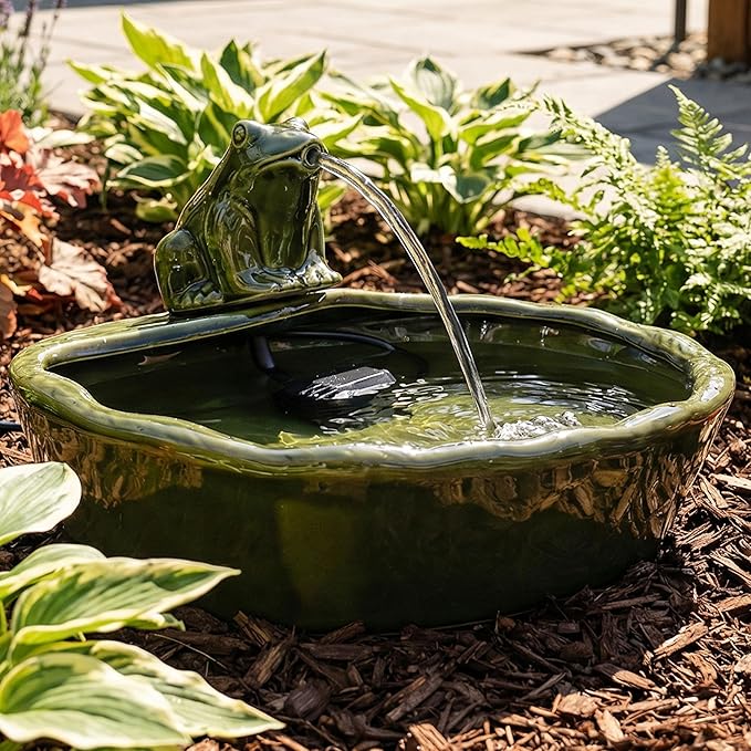 Sunnydaze Ceramic Solar-Powered Water Fountain - Green Glaze - Low-Voltage Submersible Pump with Filter - Frog