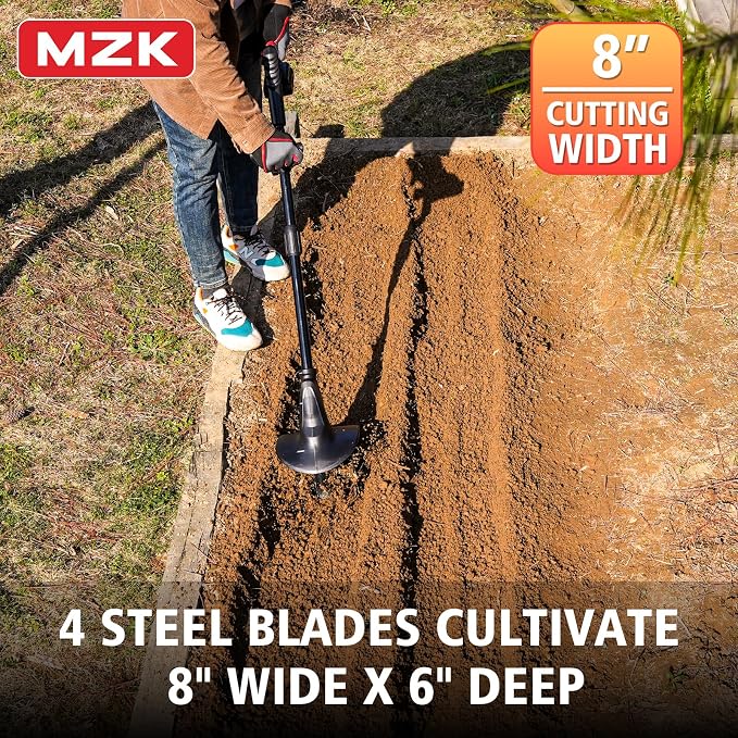 MZK 20V Cordless Tiller Cultivator with Steel Tines,8-inch Wide Battery Powered Garden Cultivator, 360RPM Electric Tiller for Lawn/Gardening/Soil Cultivation(2 * 2AH Battery&Charger Included),TC08D01 - Image 3