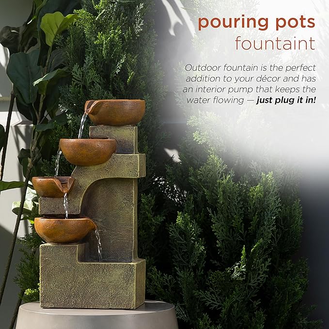 Alpine Corporation WCT726 | 16"H Indoor/Outdoor Tabletop Tiered Pouring Pots Waterfall Fountain — Natural Stone-Look Finish Adds Rustic Charm — Brown