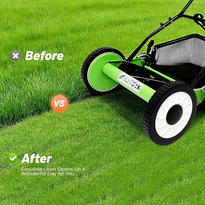 16-Inch 5-Blade Push Reel Lawn Mower, Cordless Manual Reel Lawnmower, Walk-Behind Steel Lawn Mowers with Removable Grass Catcher, Adjustable Cutting/Handle Height (16, Inches) - Image 4