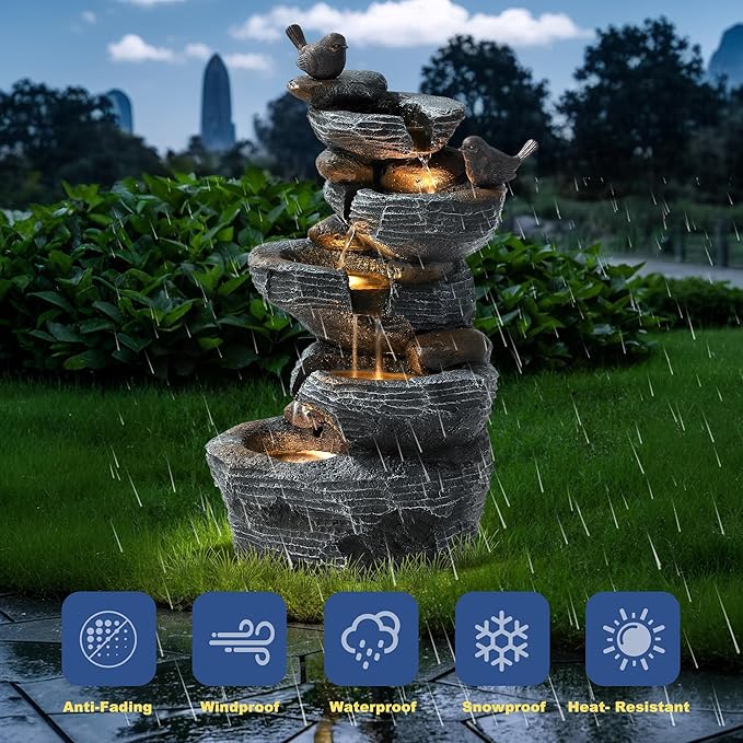 Outdoor Cascading Bird Water Fountain, 5-Tier Floor Natural Looking Rock Fountains with LED Pump Birds Decor, Freestanding Resin Fountain and Cascading Water Feature for Patio Garden, Grey