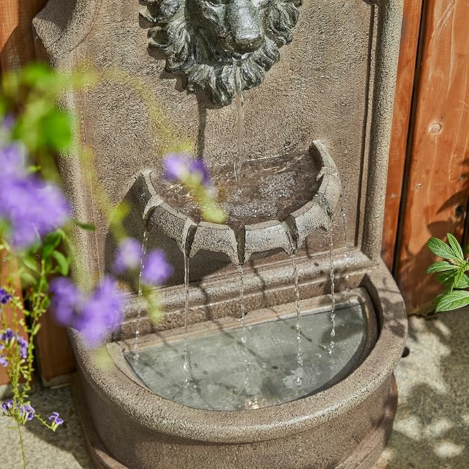 Glitzhome 3-Tier Outdoor Water Fountain with LED Light, Oversized Vintage European Style Lion Head Waterfall Fountains, Rustic Faux Granite Fountain for Garden Patio Deck Porch, 31.75”H