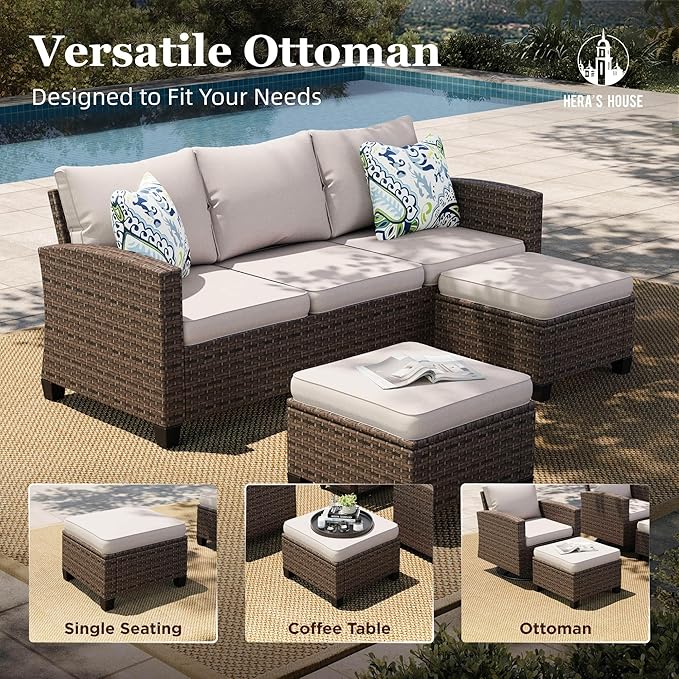 HERA'S HOUSE Wicker Patio Furniture Set with Swivel Glide Chairs, 5 Pieces Outdoor Conversation Sofa Sets with Cushions for Deck Lawn Backyard, Beige