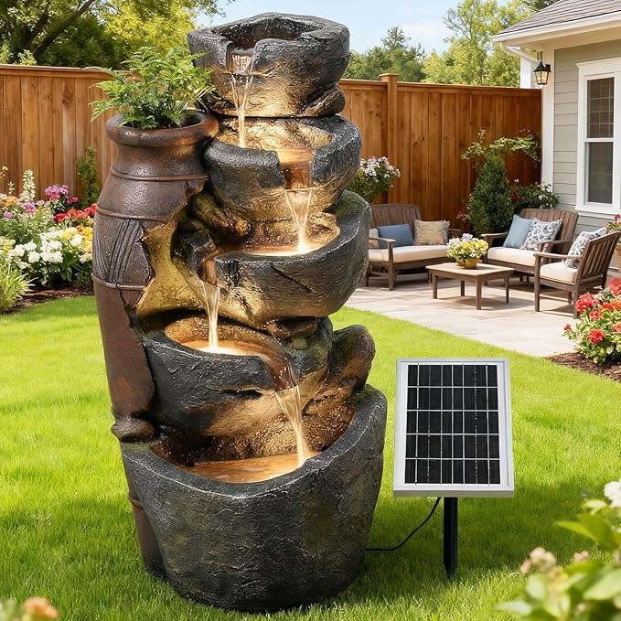 5-Tiers Solar Powered Cascading Rock Jar Water Fountain Outdoor, 31.7" H Outside Fountains and Waterfalls with 4 LED Lights for Patio, Deck, Porch, Backyard and Home Art Docor