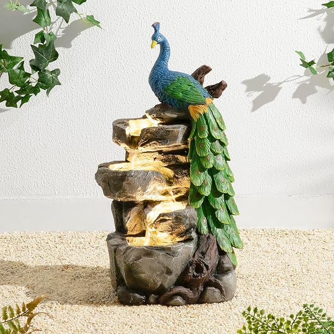 Glitzhome Outdoor Water Fountain,20.5" H Polyresin Outdoor Fountain with Lights, 4-Tierd Peacock W/Stacked Stone Decorative Waterfall Feature Garden Fountain with Pump for Garden, Patio, Porch Decor