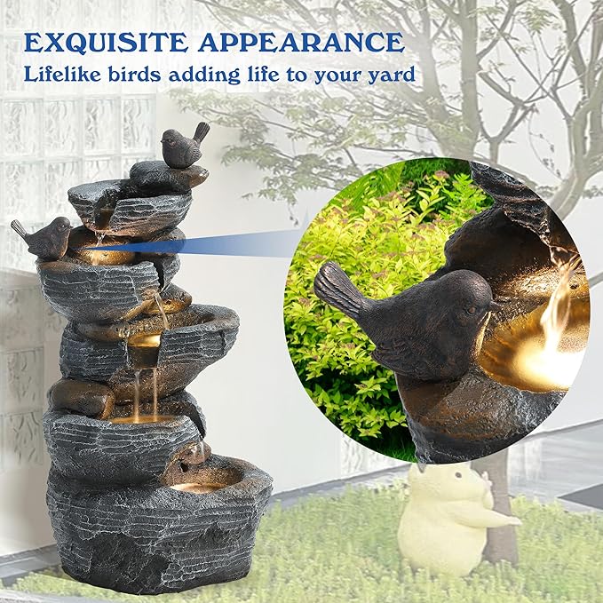 5-Tiers Cascading Rock Water Fountain Outdoor - Waterfalls Fountains with LED Lights, Outdoor/Indoor Resin Water Feature Fountain for Patio, Garden, Backyard, Deck, Porch, Home Docor