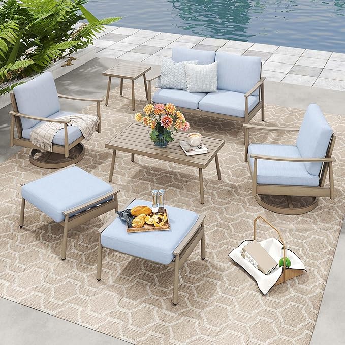HAPPATIO Patio Outdoor Furniture Set - 7 Pieces Aluminum Outdoor Conversation Set Includes 1 Loveseat, 1 Side Table, 1 Coffee Table, 2 Swivel Chairs, and 2 Ottomans for Porch, Yard, Lawn (Brown)