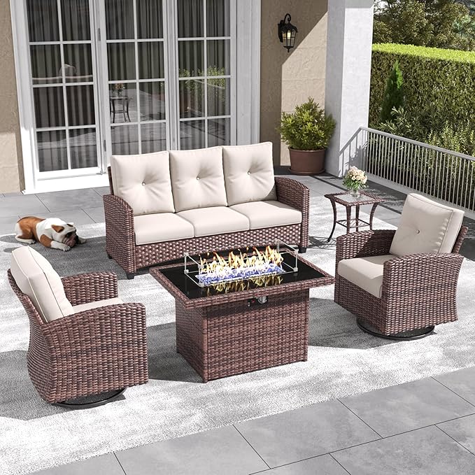 LayinSun 5 Pieces Patio Furniture Set with Swivel Chairs, Rattan Wicker Rocking Glide Chairs with 44" Propane Gas Fire Pit Table Conversation Set