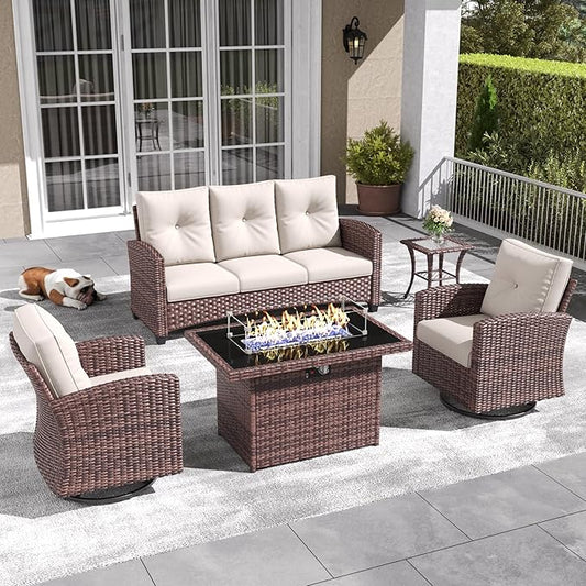 LayinSun 5 Pieces Patio Furniture Set with Swivel Chairs, Rattan Wicker Rocking Glide Chairs with 44" Propane Gas Fire Pit Table Conversation Set