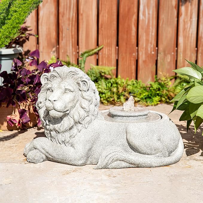 Glitzhome Outdoor Fountain with Lights & Pump, 20" L Zen-Style Lying Lion Polyresin Water Fountain Outdoor, Floor Standing Water Feature for Garden Yard Patio Porch Decor