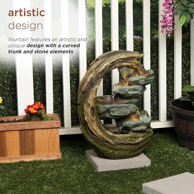 Alpine Corporation WIN1554S Outdoor Curved Trunk and Stone Floor Fountain with Warm White LED Lights, Tiered Garden Decor, 24" H, Brown