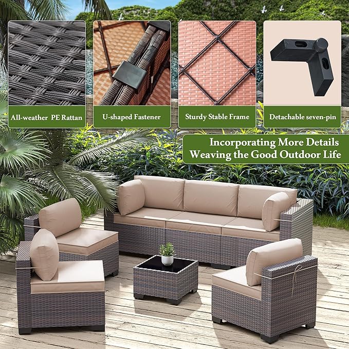 7 Pieces Outdoor Patio Furniture Set,Outdoor Sectional Furniture All Weather PE Rattan Wicker Patio Conversation Set with Coffee Table and 6 Thickened Cushions,Sand