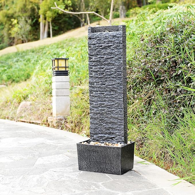 Water Fountain Outdoor, Floor Standing LED Illuminated Water Flow Elegant Water Fountain Pump 38.5" with Pebble Base for Garden, Patio and Yard (24372)