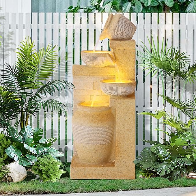 Grepatio Outdoor 4-Tiers Water Fountain, Garden Cascading Waterfalls Fountain with LED Lights, 32"H Modern Indoor/Outdoor Bowl Waterfall Feature Water Fountains for Garden, Patio, Yard Decor (Yellow)