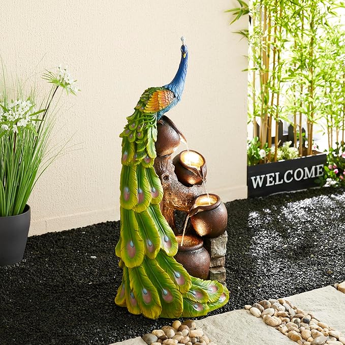 Glitzhome 4-Tier Oversized Peacock Sculpture with Jars Outdoor Water Fountain with LED Light, Resin Peacock Statue Waterfall Fountain with Submersible Pump for Garden Patio Porch, 40”H