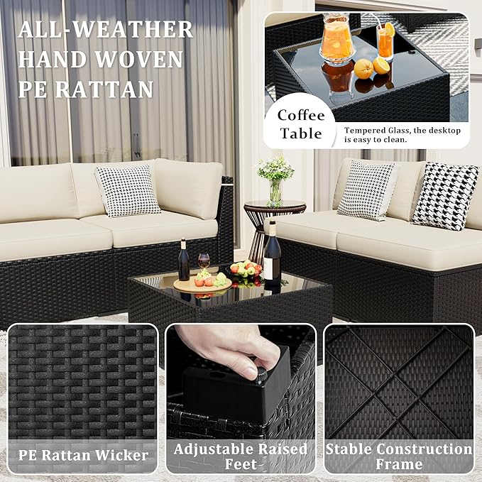 Patio Furniture Set, 7 Pieces Outdoor Sectional Sofa Set with Waterproof Cover, Black PE Wicker Rattan Slanted Back Outdoor Conversation Set with Cushions and Glass Coffee Table, Khaki