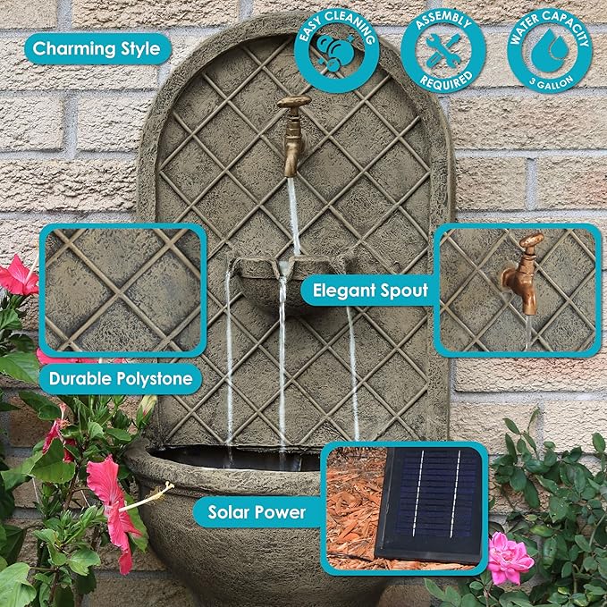 Sunnydaze 26" Outdoor Wall Water Fountain with Pump and Panel - French Limestone - Messina - Solar-Powered