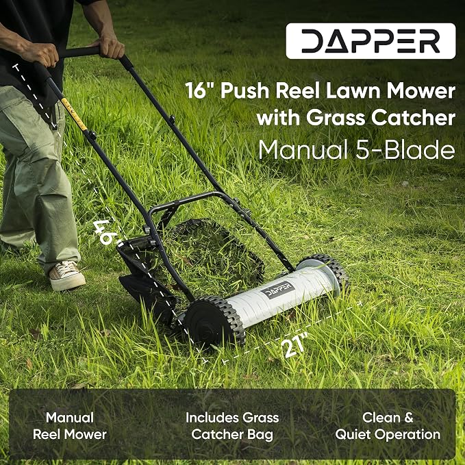 16" Push Reel Lawn Mower with Grass Catcher – Manual 5-Blade Hand Mower, Adjustable 3-Position Cutting Height (0.5"–1.75"), Lightweight & Eco-Friendly – 1-Year Warranty - Image 3