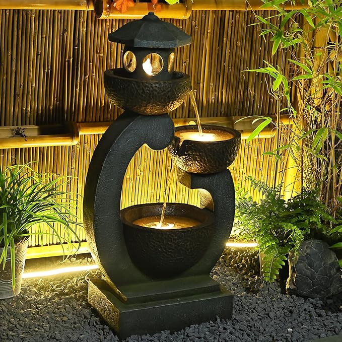 Water Fountain Outdoor Zen Feature - Garden Tranquil Pagoda Waterfalls Fountains Bowl with LED Lights & Pump for Patio Yard Porch Pool, Gray, 35.5 inches