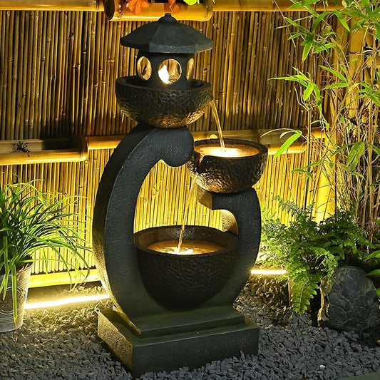 Water Fountain Outdoor Zen Feature - Garden Tranquil Pagoda Waterfalls Fountains Bowl with LED Lights & Pump for Patio Yard Porch Pool, Gray, 35.5 inches