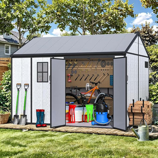 MELLCOM 10 x 8 FT Plastic Outdoor Storage Shed with Floor, Plastic Outdoor Storage Tool Shed with Windows and Lockable Door, Resin Garden Shed for Bike, Pool Supply, Lawnmower by MELLCOM