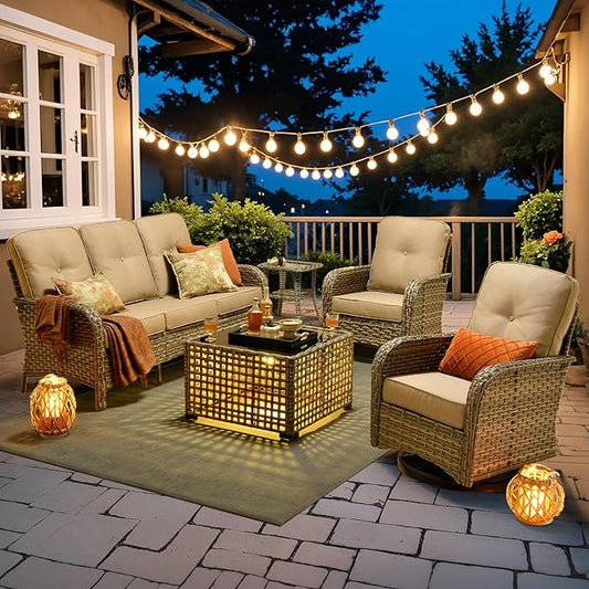 HOOOWOOO Outdoor Patio Furniture Set with Light Table,5 Pieces Wicker Conversation Set,All Weather High Back Couch Sofa Swivel Chairs Set,Beige