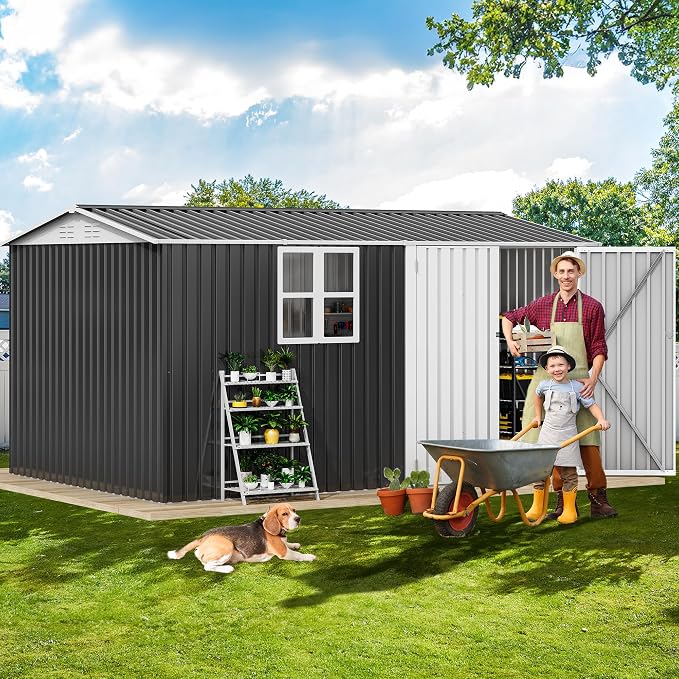 DWVO 12x8ft Large Tool Storage Shed with Window, Lockable Doors, and Sloped Roof, Oversized Steel Outdoor Storage Shed for Garden, Patio, Garage, Backyard, Lawn(Gray + White) - Image 2