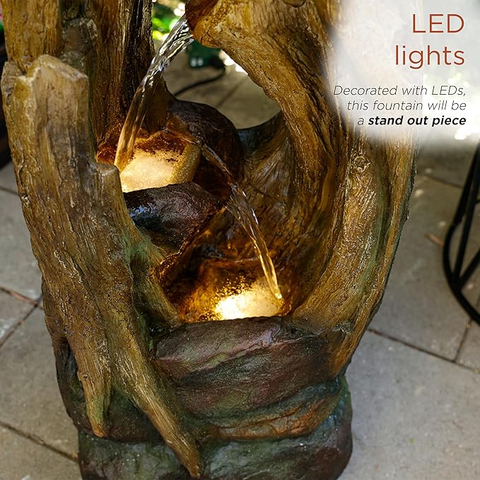Alpine Corporation 39" Tall Cascading Tree Trunks Waterfall Fountain with LED Lights, Outdoor Floor Water Feature with Rustic Natural Wood Look, Garden, Patio, Lawn & Backyard Decor, Brown