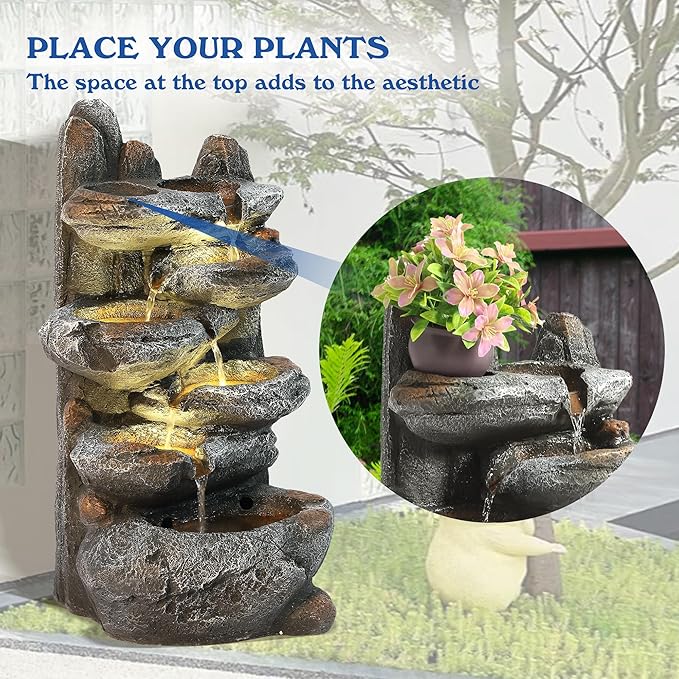 Outdoor Cascading Rock Water Fountain, 6-Tiers Fountains and Waterfalls with LED Lights, Indoor Freestanding Resin Waterfall Feature w/Pump for Patio, Garden, Backyard, Deck, Porch, Home Decor