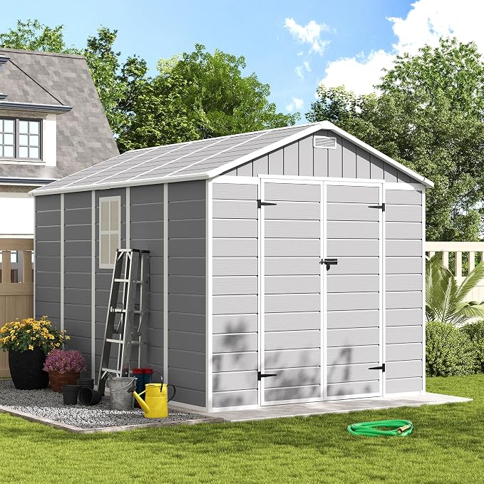 Amopatio Outdoor Storage Shed with Floor, 8x10 FT Lockable Plastic Tool Shed with Ventilation, Waterproof Resin Garden Sheds for Backyard, Patio, Lawn and Bike Grey - Image 9