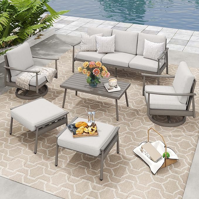 HAPPATIO Patio Outdoor Furniture Set - 6 Pieces Aluminum Outdoor Conversation Set with 1 Three-Seater Sofa, 1 Coffee Table, 2 Swivel Chairs, and 2 Ottomans for Yard, Porch, and Deck (Grey)