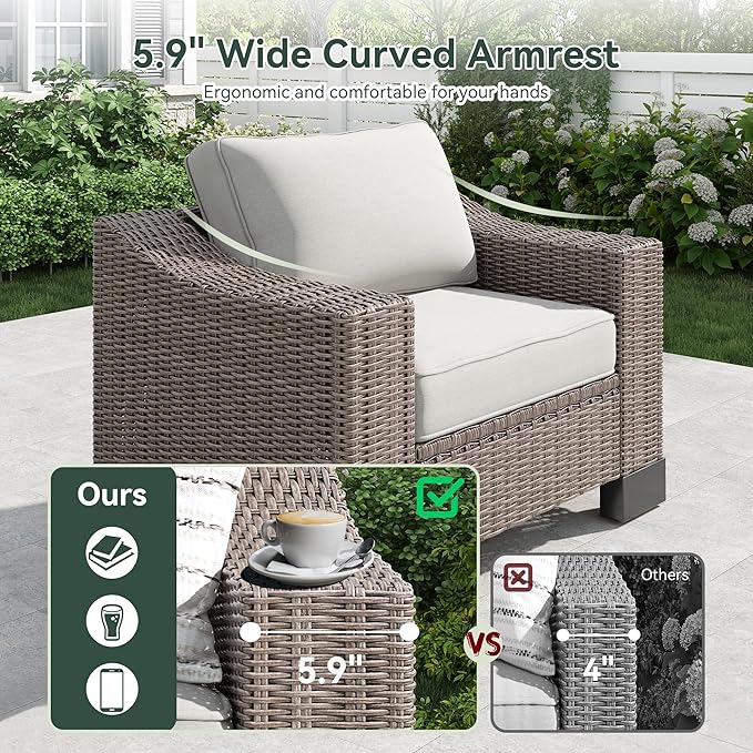 8 Piece Patio Furniture Set, Wicker Patio Conversation Set with 5.9" Wide Armrest, Waterproof Cushions & Ottomans with Modular Outdoor Couch for Backyard, Deck, Garden