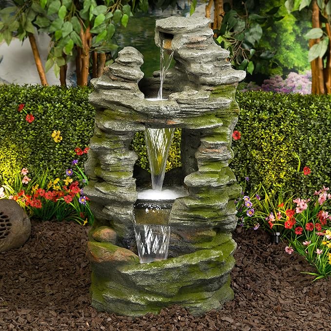 Alpine Corporation WIN1648 39" Stacked Stone Rainforest Fountain with Cool White LED Lights – Cascading Waterfall Feature for Garden, Patio, and Outdoor Décor