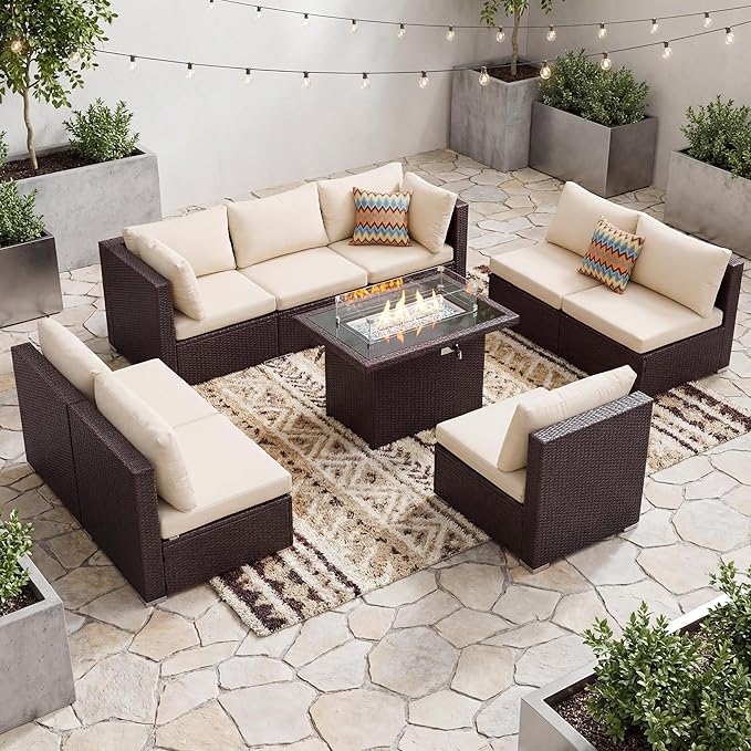 BULEXYARD 9 Piece High Back Outdoor Sectional Couch Set with Fire Pit, Elegant All-Weather Patio Furniture Set, Extra Large Size 8-Person Backyard Seating Group L-Shape for Yard, Deck, Brown & Beige