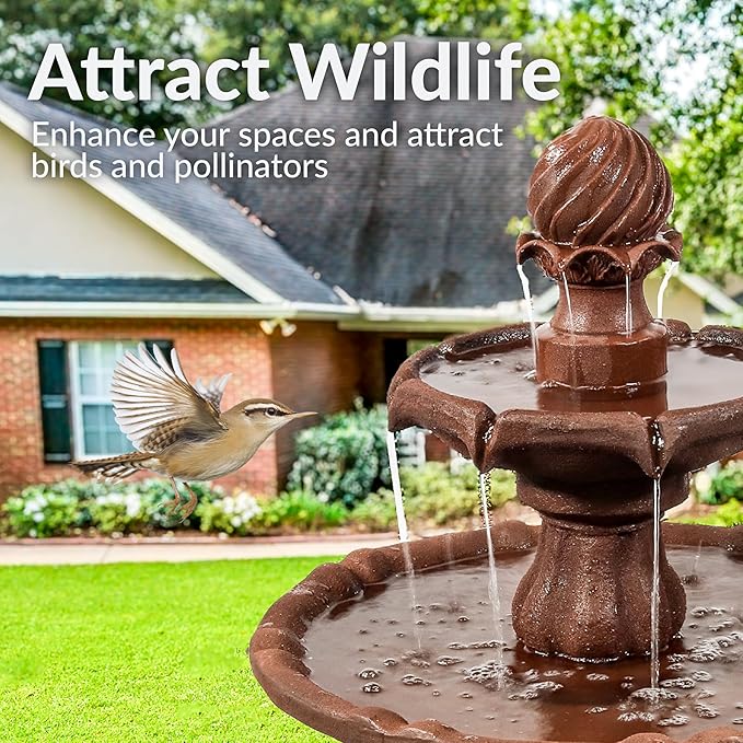 Sunnydaze 35" Solar 2-Tier Outdoor Water Fountain - Outdoor Water Fountain with Battery Backup and Pump - Rust