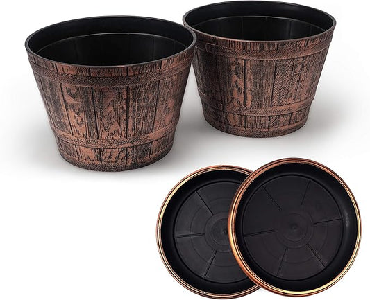 Large Whiskey Barrels Set of 2 Rustic Look (2 planters + 2 Matching Saucers) French Country Style Flowerpot Indoor Outdoor Garden Patio Office Home Decor Use Reusable Light Weight (Copper)