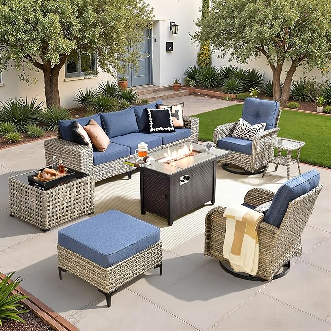 Patio Furniture Set,9 Pieces Outdoor Wicker Conversation Sets with 42 in Fire Pit Table,2 Wicker Rocking Chair & Coffee Table,Outdoor Sectional Sofa for Balcony Backyard Poolside Garden Lawn(Blue)