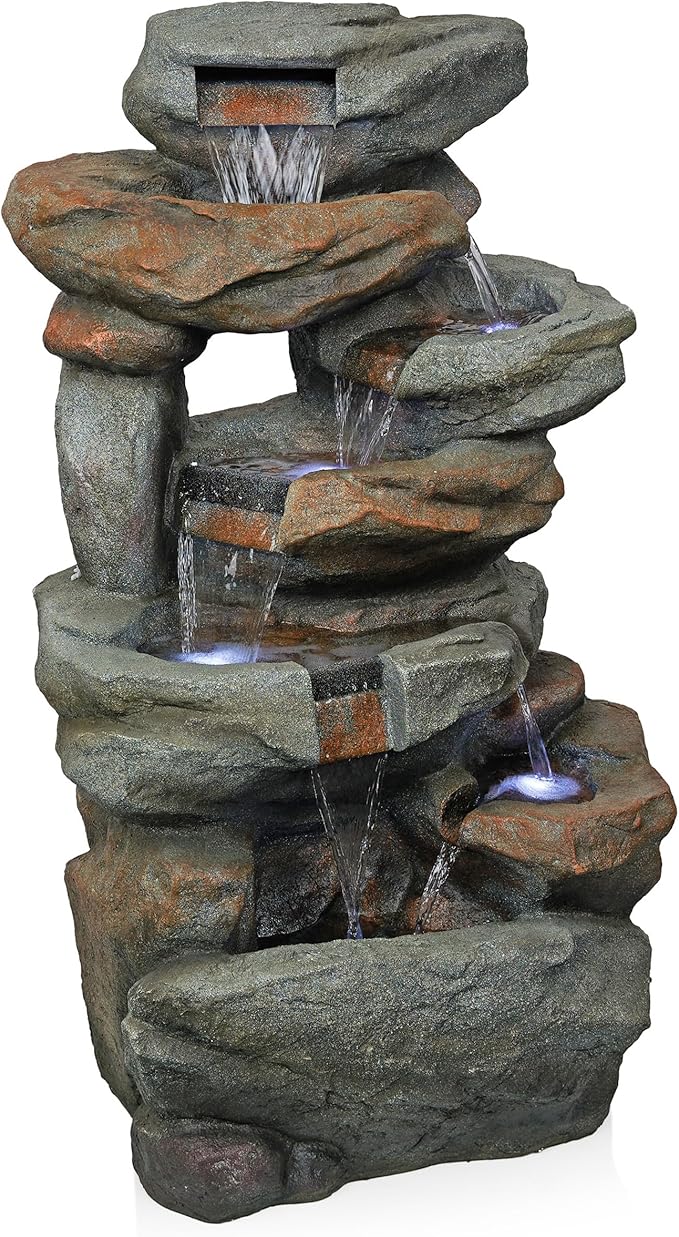 Alpine Corporation WIN1484S Cascading Natural Stone Fountain with LED Lights, Waterfall for Garden, Patio, & Lawn, 41" H
