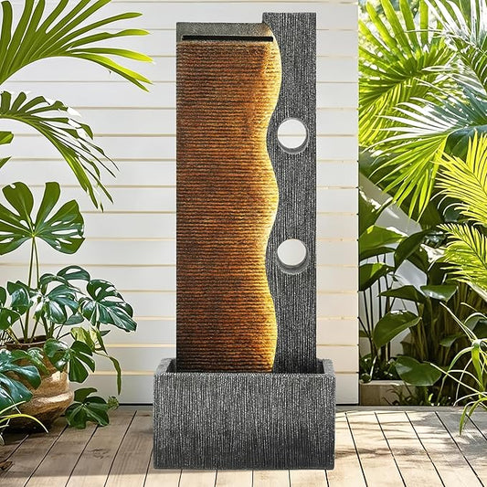 39.4" Modern Zen Faux Slate Water Fountain for Indoors or Outdoors with LED Lights, Cascading Waterfall, Tranquil Water Feature for Patio, Garden, Deck or Porch