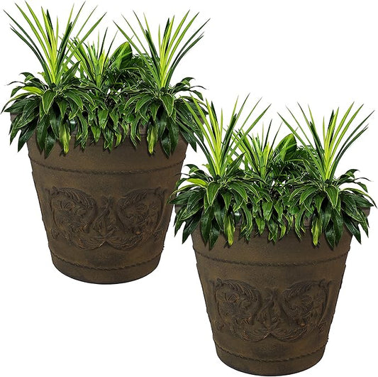 Sunnydaze 19.5-Inch Arabella Large Plastic Pot for Plants - Outdoor Double-Walled Polyresin Large Plastic Planter with Drillable Drainage Holes - Sable - 2-Pack