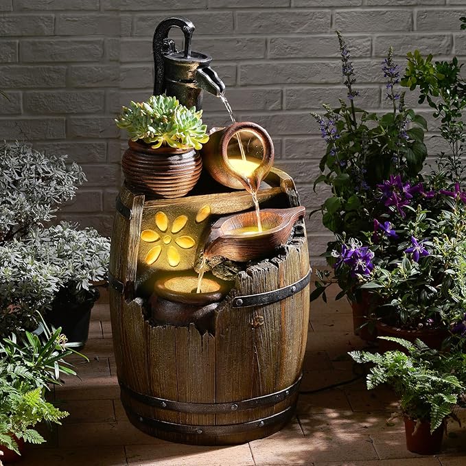 29" H Outdoor Water Fountain Pump and Barrel,4 Tiered Rustic Wood Barrel Cascading Waterfall Fountains Outside Feature with LED Lights for Garden, Patio, Porch, Backyard Decor