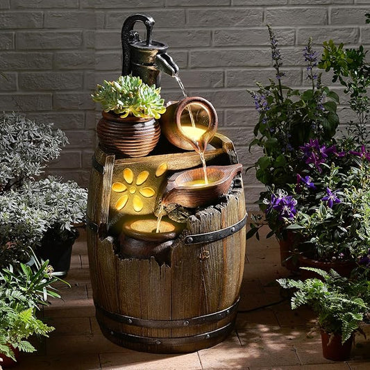 29" H Outdoor Water Fountain Pump and Barrel,4 Tiered Rustic Wood Barrel Cascading Waterfall Fountains Outside Feature with LED Lights for Garden, Patio, Porch, Backyard Decor