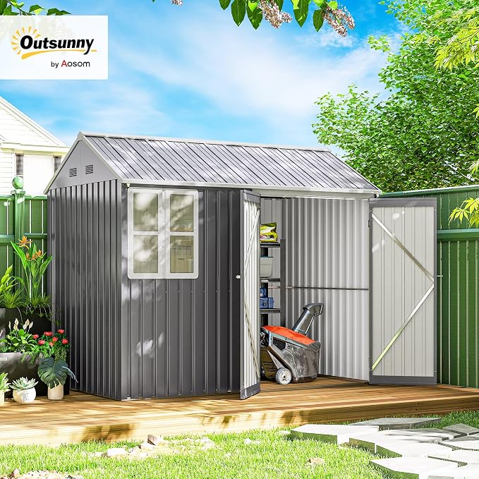 Outsunny 8' x 5.5' Outdoor Storage Shed, Metal Garden Shed with Window & Double Lockable Door, Outdoor Tool Shed Storage with Sloped Roof for Backyard, Patio, Garage, Lawn, Gray - Image 2